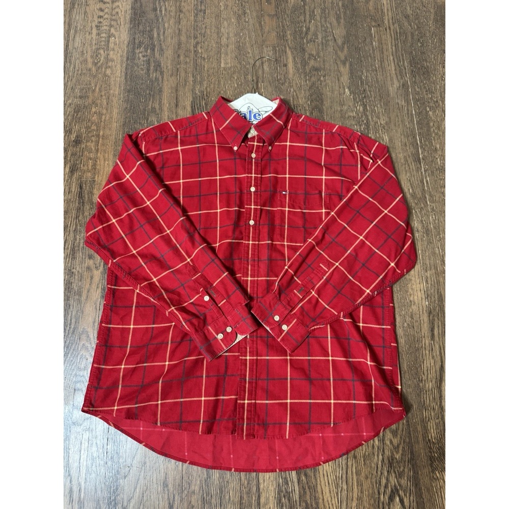 Vintage Tommy Hilfiger Mens XL Red Plaid Corduroy Button Down Shirt 90s Flannel